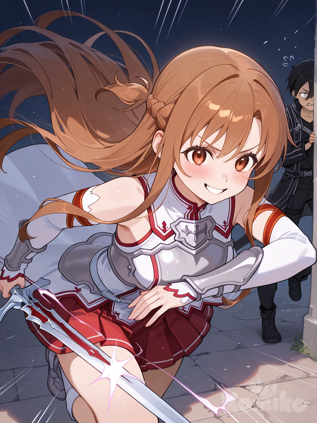 Kirito, Asuna_(Sao), Kirito running away from Asuna, Asuna holding sword, smile, blush, angry, evil smile, meme