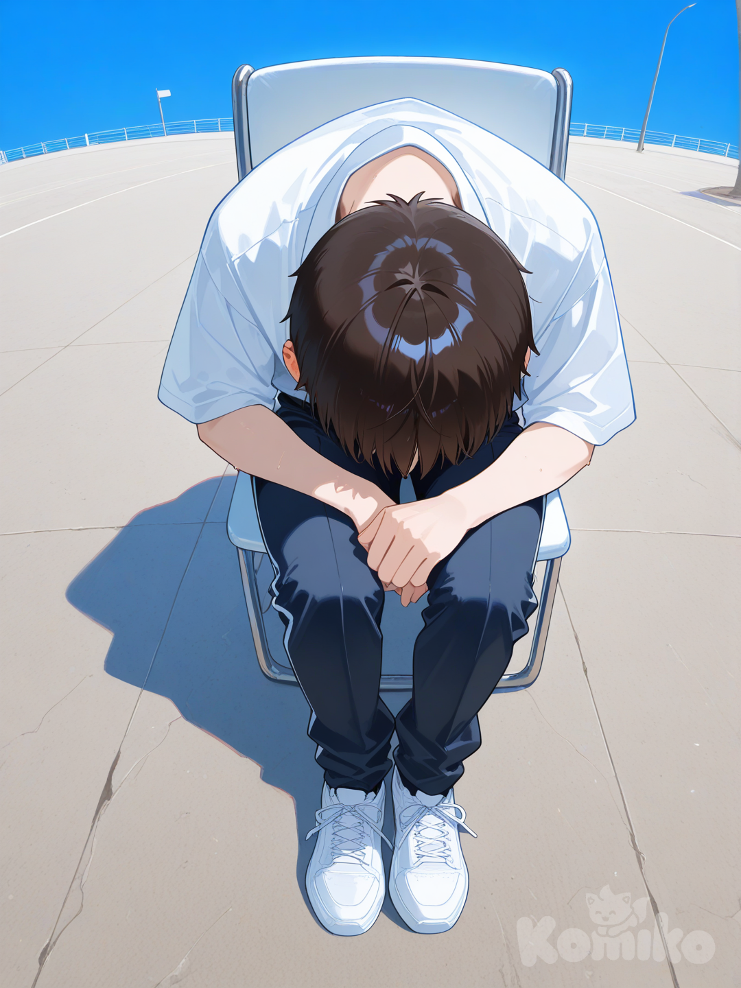 He sat with his head bowed down on the white chair.