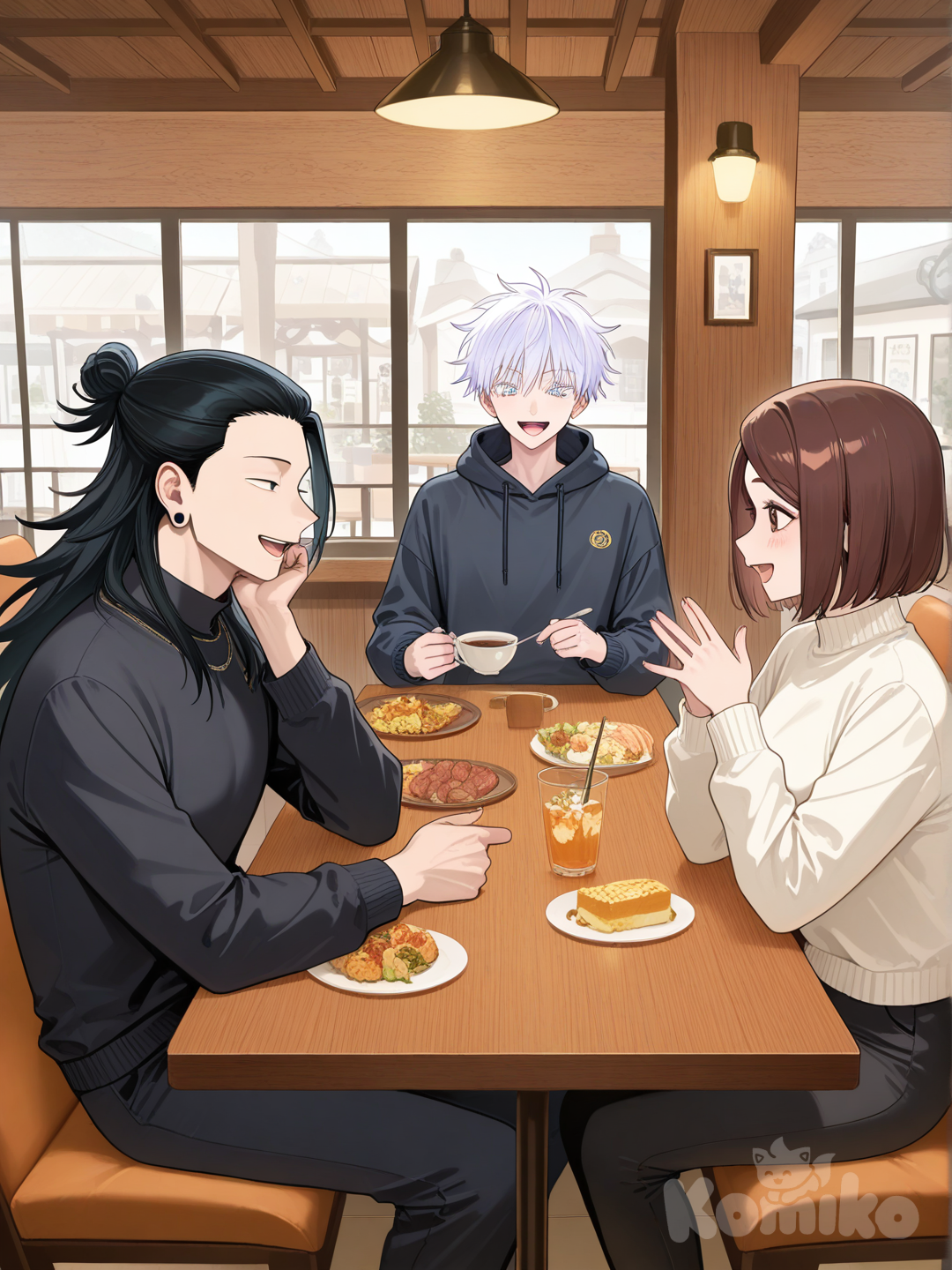 @Gojou_Satoru, @Getou_Suguru , @Ieiri_Shoko,They are talking to each other., restaurant, cafe