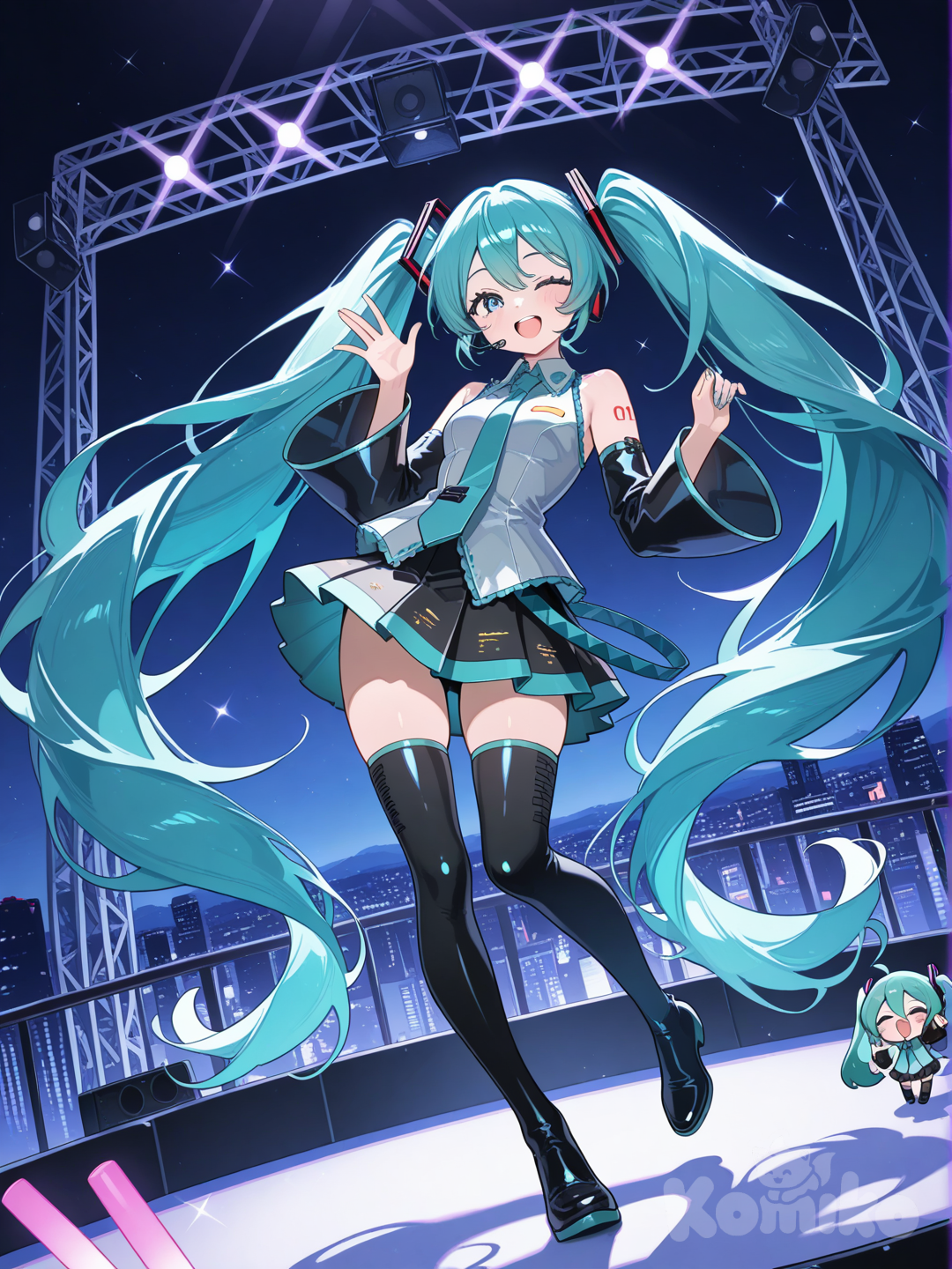 @Chibi_Miku, @Hatsune_Miku,Singing together on stage, singing, waving, smile, laughing, one eye closed, open mouth, holding hands, full body, looking at viewer, stage light, night, skyscraper