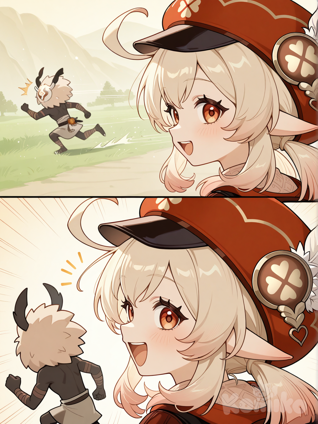 Hilichurl (Genshin Impact), Run away, shocked Klee (Genshin Impact), Running and chasing, laughing, front profile photo