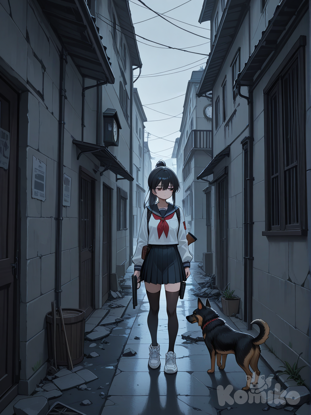 1girl, high ponytail, school uniform, stockings, high-top sneakers, dog, German Shepherd, holding gun, leaning against wall, looking away, depressed, clock tower, alley, ruins,zombie apocalypse