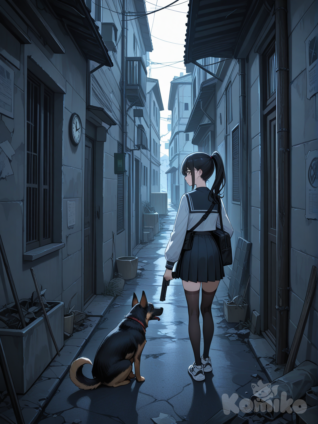 1girl, high ponytail, school uniform, stockings, high-top sneakers, dog, German Shepherd, holding gun, looking away, depressed, clock tower, alley, ruins,zombie apocalypse,