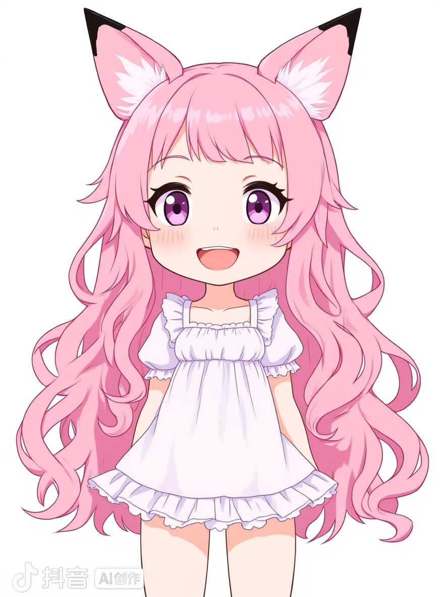 1girl, chibi, fox ears, cute smile, full body, looking at viewer, long wavy pink hair, frilly pastel dress, anime style, anime coloring, single character, simple background, white background