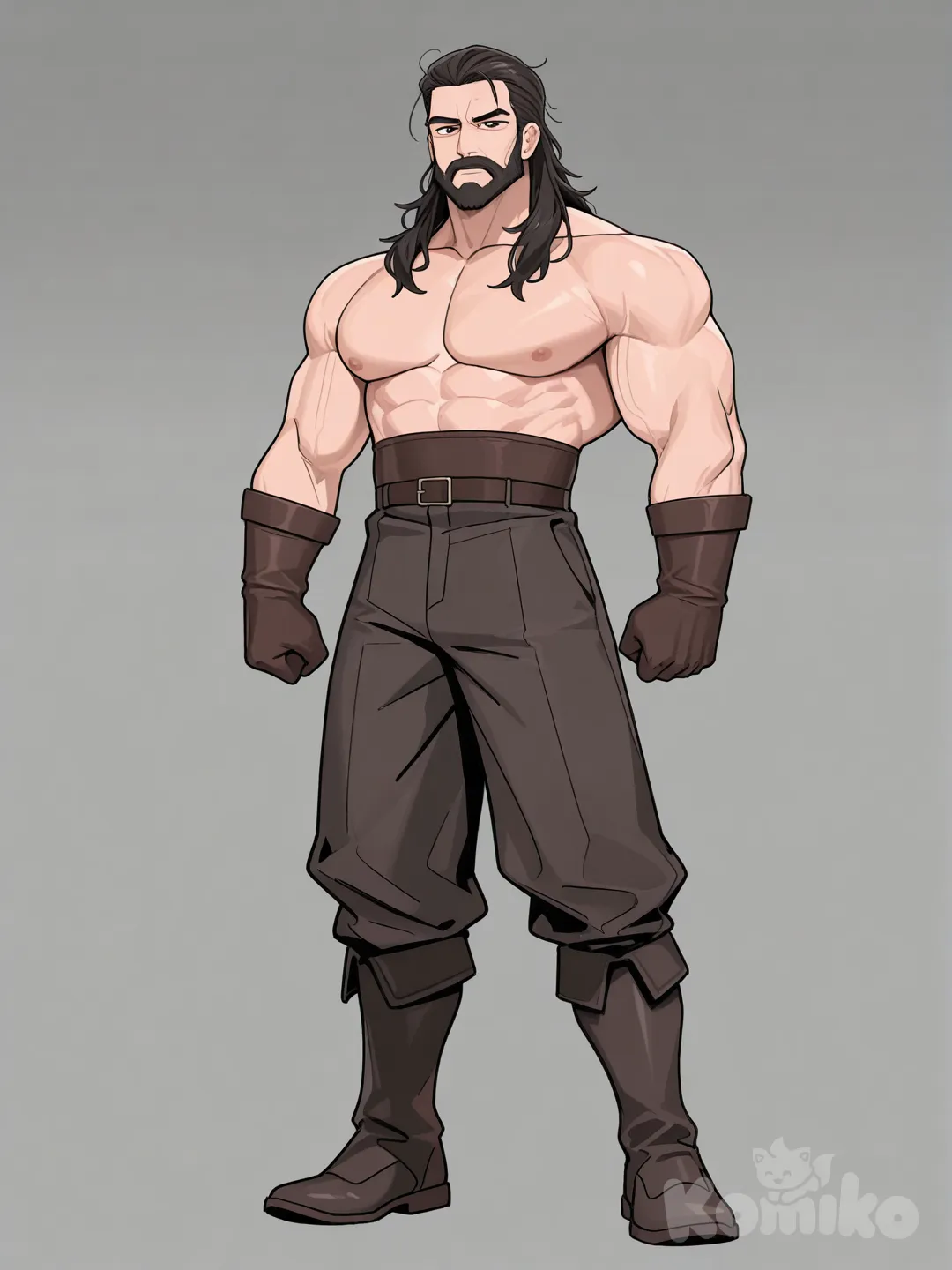 Homem russo, musculoso, alto, robusto, barbudo, cabelo até o pescoço, full body, [toon-shaded-style]