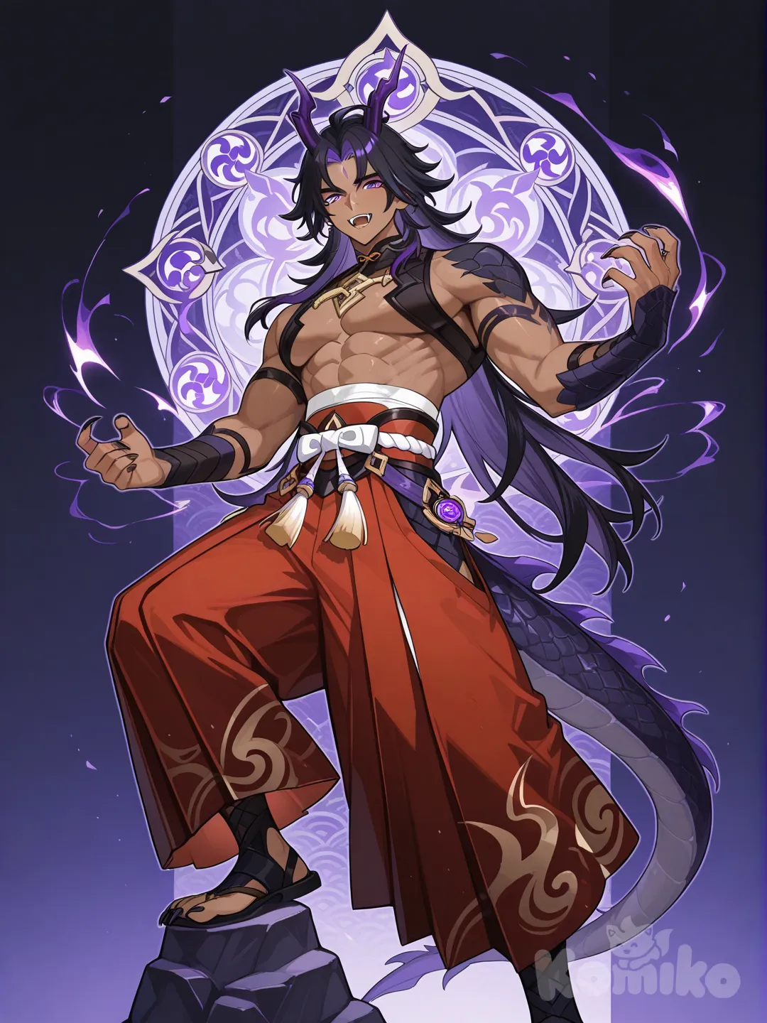 A tall, muscular male with dark skin, dragon horns, sharp nails and fangs, red hakama pants, dragon tail, scales, purple eyes, long black hair, genshin impact style