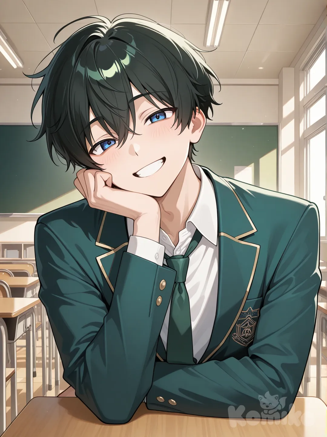 japanese male, black hair, blue eyes, dark green blazer, dark green tie, smile, classroom