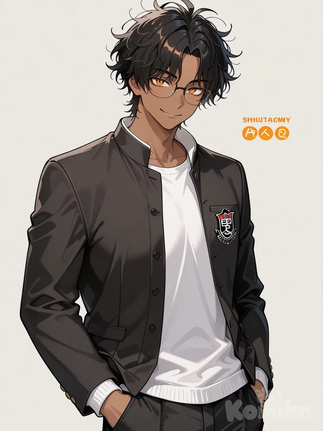 tall japanese male, dark skin, glasses, orange eyes, messy black hair, smile, shujin academy uniform, hands in pockets