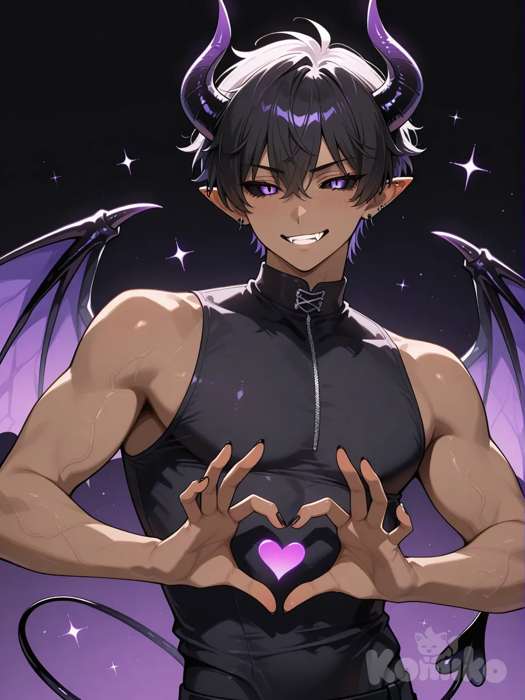 japanese male, pointy ears, dark skin, black hair purple eyes, demon horns, fangs, smirk, demon tail, demon wings, black sclera, sleeveless black skin tight shirt, heart hands