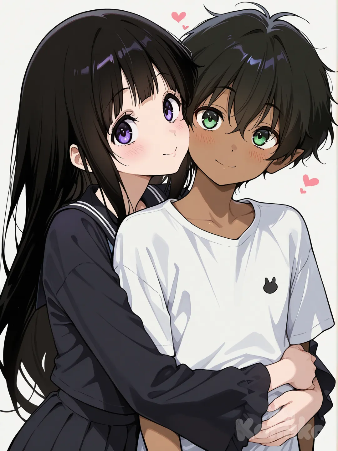 young japanese boy, dark skin, black hair, pointy ears, green eyes, black long sleeved shirt

1boy, 1girl, chitanda eru, half body, smile, hug from behind, kissing cheek