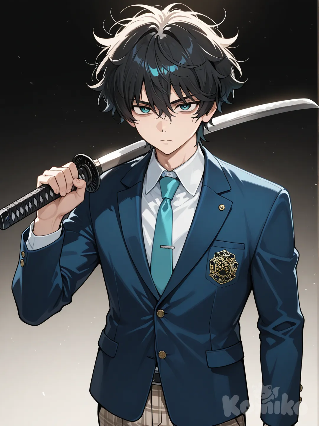 tall japanese male, messy black hair, cyan eyes, blue blazer, turquoise tie, light brown plaid pants, cold stare, holding katana, sword over shoulder