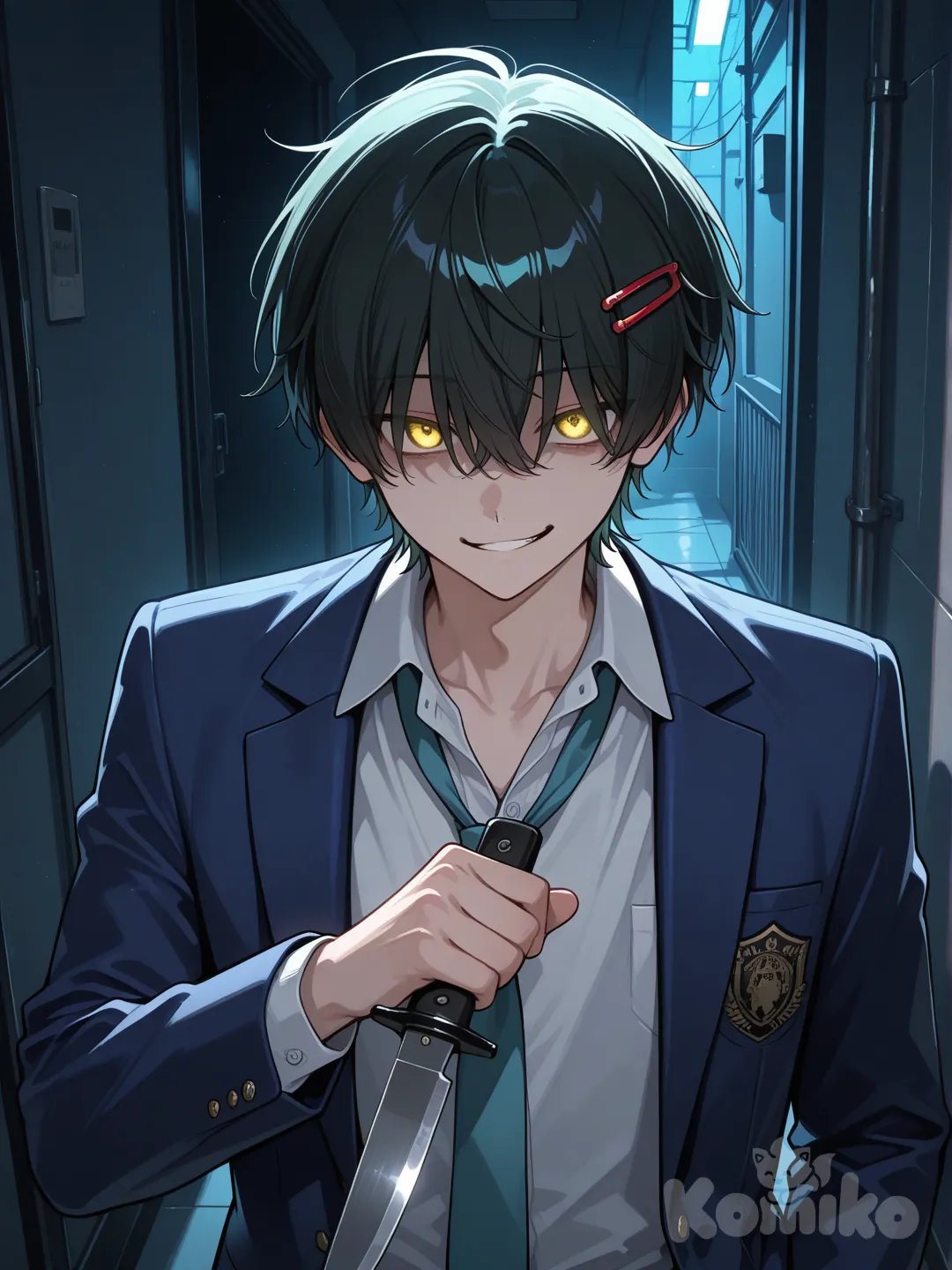 teen suzuya juuzou, male, messy black hair, smirk, yellow eyes, red hairpin, blue blazer, unbuttoned blazer, turquoise tie, loose tie, upper body, glowing eyes, night, dark corridor, holding knife, shadow over eyes