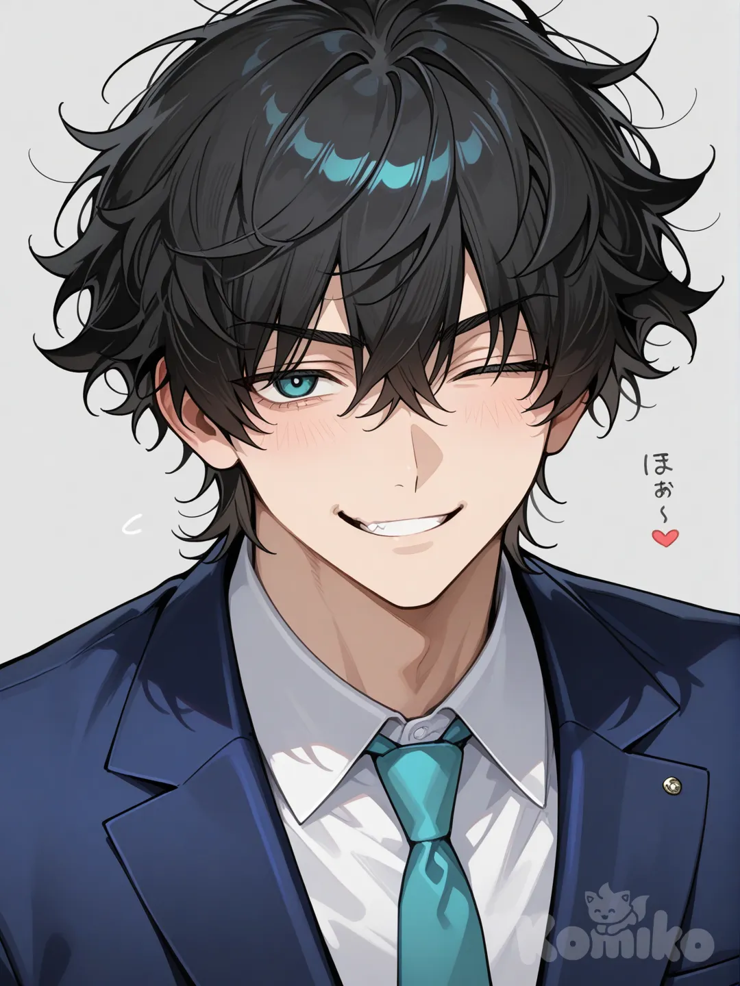muscular japanese male, messy black hair, cyan eyes, blue blazer, turquoise tie, smirk, wink