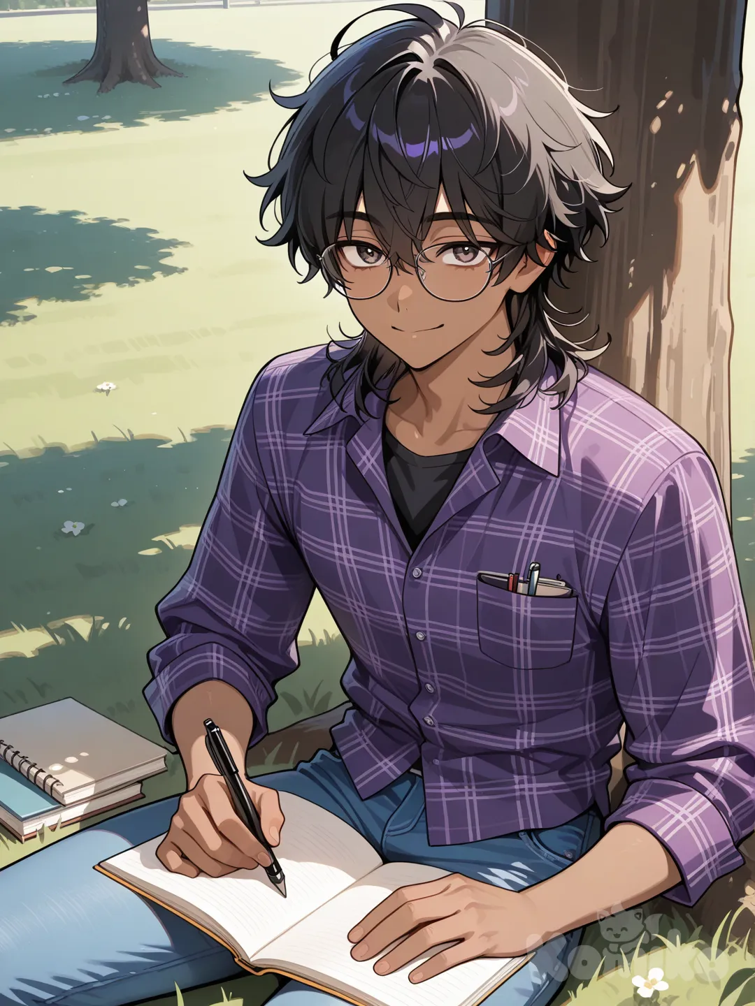 male, messy medium black hair, slightly tan skin, glasses, hazel eyes, dark purple plaid shirt, black undershirt, blue jeans, sitting against tree, writing in book, smile, looking at viewer