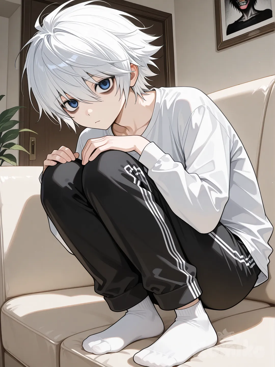 young japanese male, near (death note), white long sleeve t shirt, black sweatpants, white socks, blue eyes, living room, asian squat on couch, looking at viewer, bags under eyes, white hair, expressionless, hunched over, hand on own knees, sitting on couch