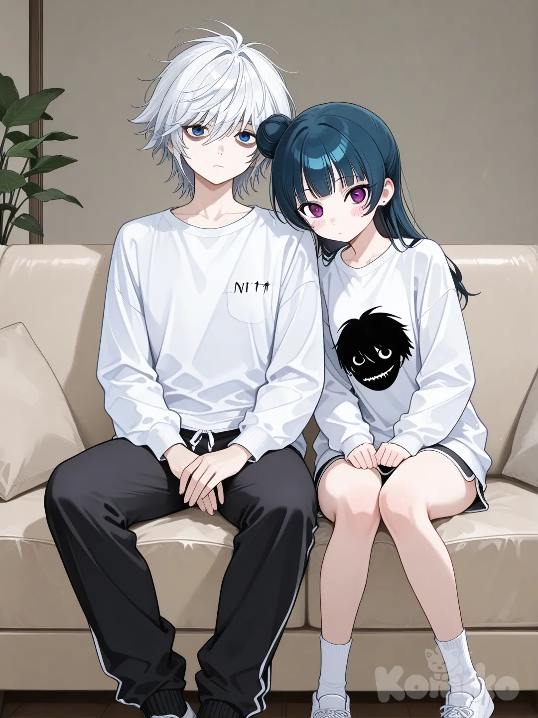 young japanese male, near (death note), white long sleeve t shirt, black sweatpants, white socks, blue eyes, living room, looking at viewer, bags under eyes, white hair, expressionless, sitting on couch, slight blush,

2people, tsushima yoshiko, cuddling