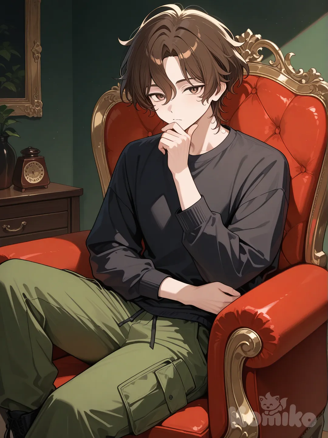 japanese male, brown wavy hair, hazel eyes, black long sleeve t shirt, green cargo pants, sitting in chair, holding chin
