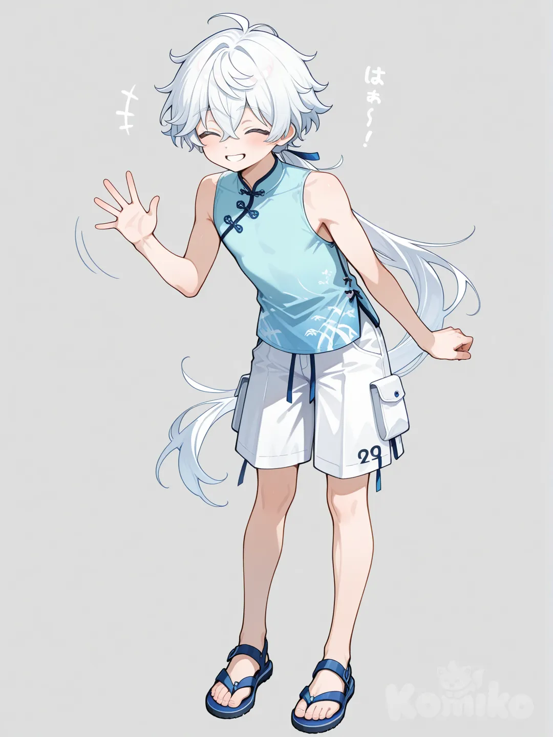 young japanese male, closed eyes, long white hair, low ponytail, tight sleeveless sky blue shirt, white cargo shorts, blue sandals, waving, leaning forward