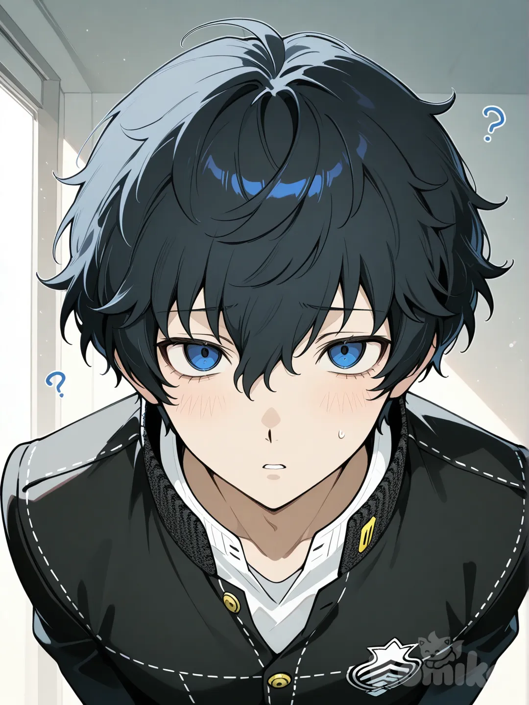 Japanese boy, black hair, blue eyes, yasogami high school uniform from persona, confused, leaning, innocent face