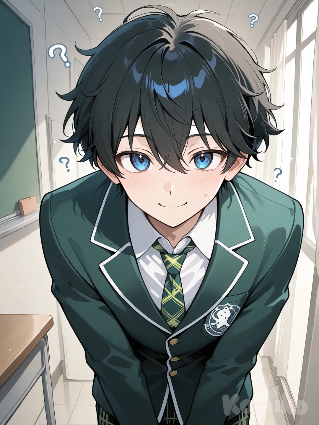 Japanese boy, black hair, blue eyes, yasogami high school uniform from persona, confused, leaning, smile
