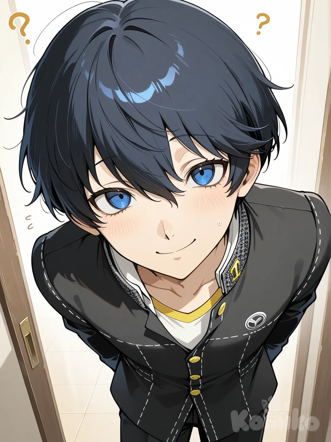 Japanese boy, black hair, blue eyes, yasogami high school uniform from persona, confused, leaning, smile