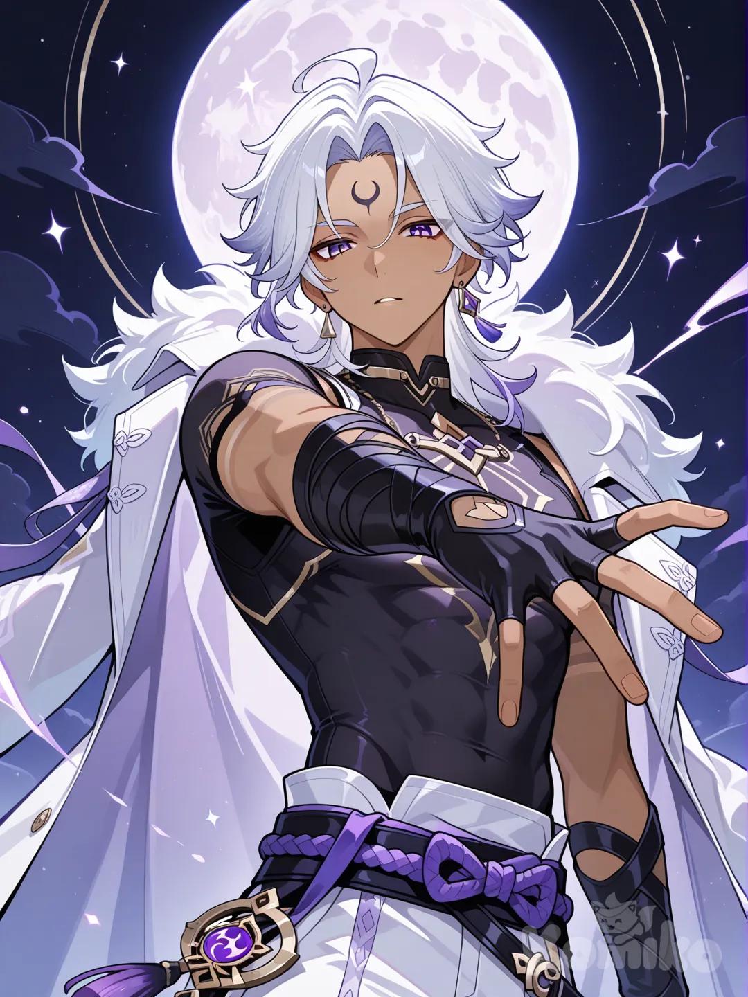 japanese male, short white hair, purple eyes, tan skin, white trench coat, moon crest, black fingerless gloves, fur trim, male, crescent moon forehead tattoo, black skin tight shirt, genshin impact style, full moon background, reaching towards viewer