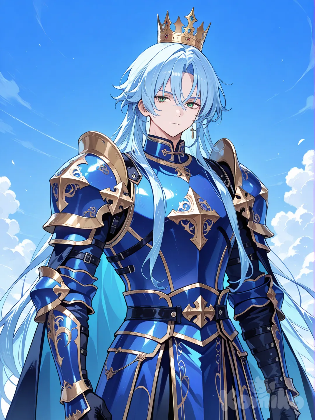 japanese male, sky blue hair, green eyes, long hair, crown, king armor