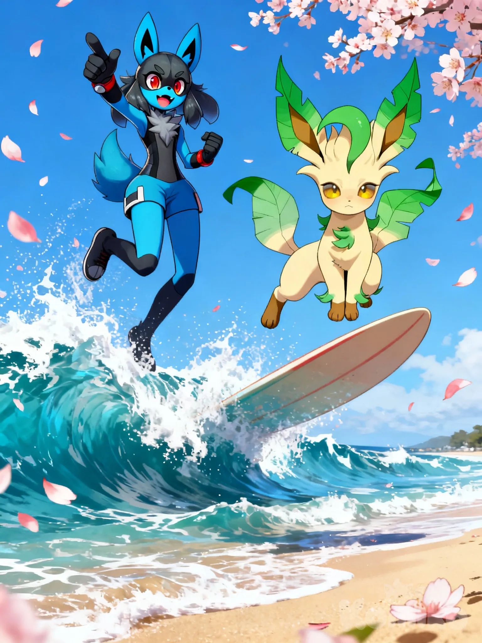 entrenadora con su traje de lucario junto a su, pokemo leafeon en la playa saltando entre as olas surfeando y rodeadas de ojas de seresos , @Leafeon