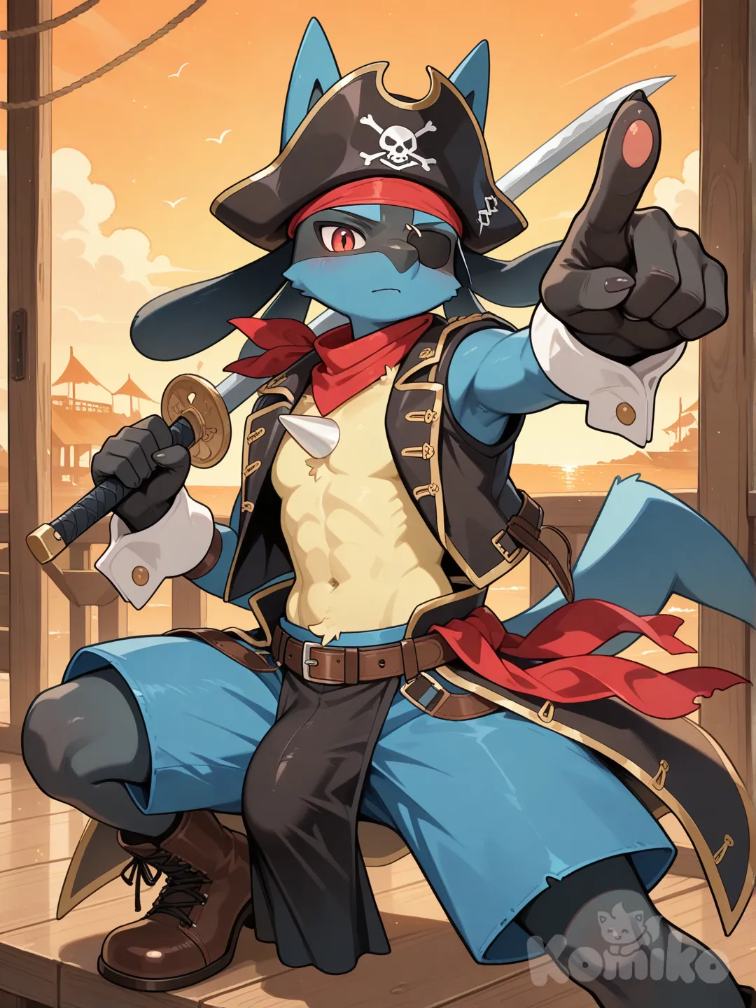 lucario furry antro futa con traje de pirata , abland y señalando con la mano