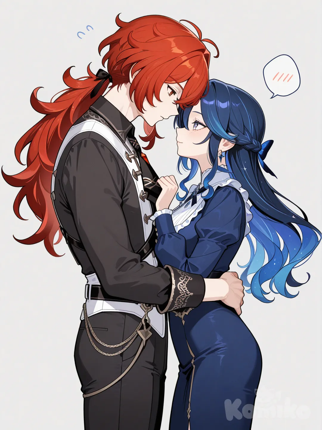 Дилюк и девушка Луна с голубыми волосами , [glossy-anime-style]