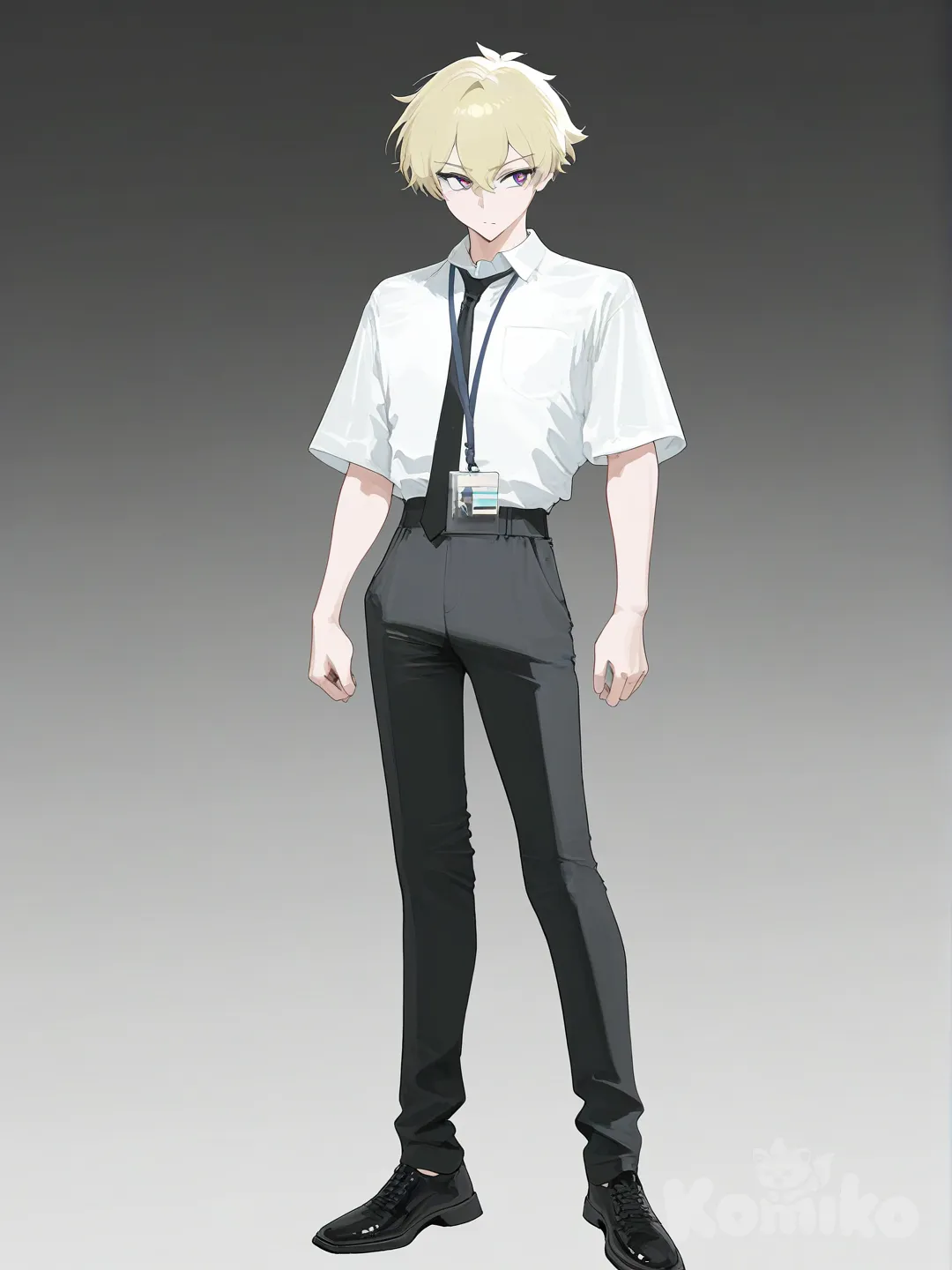 A realistic full-body studio portrait of a young man wearing a short-sleeved white shirt, black trousers, and black shoes. He has a black lanyard around his neck. The background is plain and neutral, with soft studio lighting that highlights the outfit clearly. The style is clean, modern, and professional., [vibrant-anime-style], school uniform, blonde hair, looking back