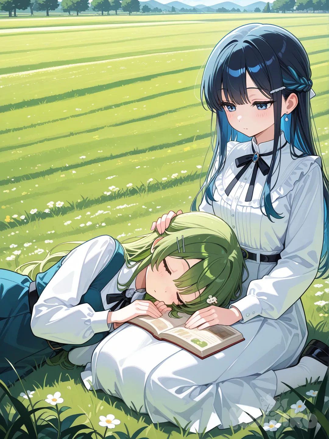 2 cô gái là bạn thân một người đang đọc sách 1 người đang nằm trên đùi người đọc sách, cô gái đọc sách có mái tóc màu đen ánh xanh dường của biển tóc dài có đeo 1 chiếu kẹp tóc sang trọng trên tóc, còn cô gái thứ 2 có mái tóc dài màu xanh dương có 2 cọng xanh lá đang nằm liu diu ngủ 2 người đang 

ngồi ở cánh đồng cỏ xanh biếc