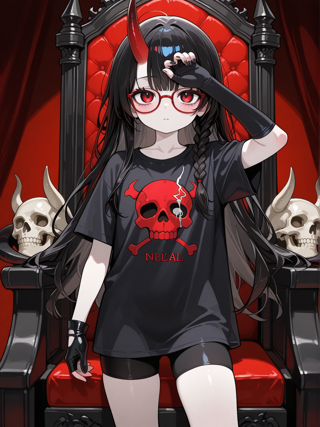 demon girl, single horn color rojo en la sien izquierda, child, pale skin, baggy eyes, red eyes, long hair, black hair, side braid, flequillo tapa la frente, glasses marco rojo, t-shirt Black corta con estampado de calabera, single elbow glove negro, uñas color negro, expressionless, sonrojada, bike shorts negros ajustados, de pie frente a un trono rojo de calaveras, enfoque de frente.