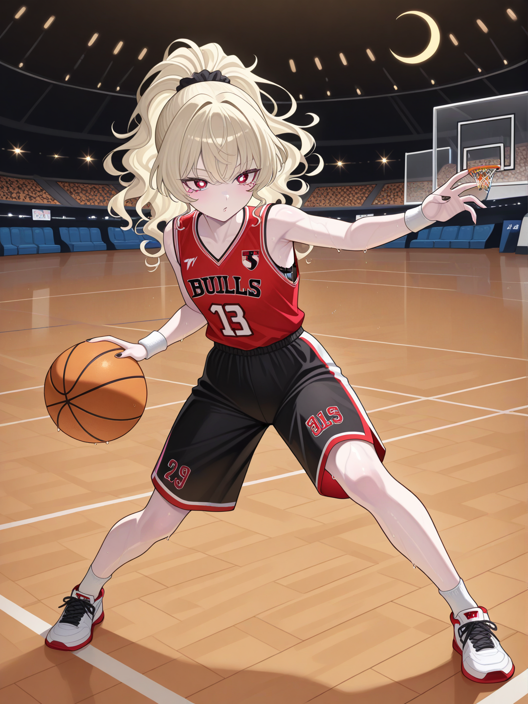 Anime style illustration, 18-year-old petite girl, delicate frame, pale porcelain skin, shiny sweaty glistening skin, ash blonde wavy curly hair tied up in a high messy ponytail with choppy bangs, intense deep red eyes with heart-shaped pupils, thin dark crescent moon mark under right eye, black painted nails. Wearing a red Chicago Bulls jersey with white number '23' on the chest and back, black and white trim, breathable mesh fabric, black basketball shorts, white sweatbands on both wrists. She is standing in a perfect triple-threat basketball stance: knees bent, feet shoulder-width apart, holding the orange basketball firmly with both hands at waist-hip level, ready to shoot, pass or drive. Background: a professional indoor basketball arena, polished maple hardwood floor with bright white court lines, center court logo, glass backboard and professional hoop, clean stadium seating in the background, bright overhead LED arena lights, realistic reflections on the floor. No graffiti, no chain-link fences, not outdoors. Golden sunset light coming from large arena windows, cinematic anime shading, rendering, 8K