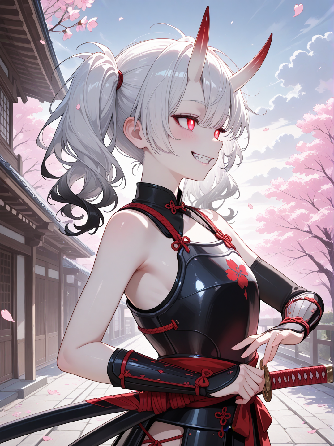 Ultra-realistic photograph, dynamic eye-level medium shot, medium body shot, close focus, tight framing of a petite 18-year-old girl. Pale rosy healthy perfect skin, silver-white hair in short messy disordered high twin tails with red gradient tips, irregular uneven wild short twin tails, loose strands, flyaways, messy wavy ends. Two Oni horns same pale rosy skin color with red gradient, intense glowing red eyes, sharp fangs. Sly cunning toothy coquettish playful closed-mouth smile clearly showing teeth and sharp fangs. Complete traditional Japanese samurai armor fully adapted to her feminine body (do, kote, suneate, haidate), black armor plates with red edges and borders, intricate Oni face embossed on the chest plate, no helmet, armor worn directly on her bare pale skin, no black clothing or under-suit visible. Profile view, cool dynamic pose, one hand drawing a realistic Japanese katana from its saya sheath, blade partially unsheathed with crimson-red edge. Soft natural lighting mixed with dramatic shadows, photorealistic, 8k, sharp focus, intricate details, natural proportions. Background traditional Japanese street lined with blooming cherry blossom (Sakura) trees, beautiful cloudy sky, numerous pink Sakura petals gently falling through the air.