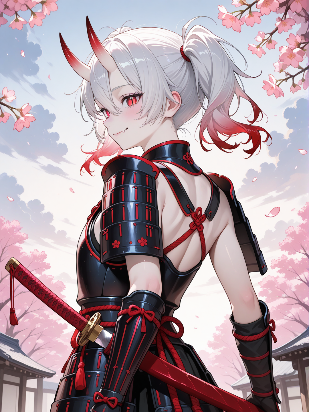 Ultra-realistic photograph, dynamic eye-level medium shot, medium body shot, close focus, tight framing of a petite 18-year-old girl. Pale rosy healthy perfect skin, pure silver-white hair in short messy disordered high twin tails, the tips clearly fading into vivid crimson red gradient (silver-white roots to bright red ends, no black), irregular uneven wild short twin tails, loose strands, flyaways, messy wavy ends. Two Oni horns same pale rosy skin color with red gradient, intense glowing red eyes, sharp fangs. Sly cunning toothy coquettish playful closed-mouth smile clearly showing teeth and sharp fangs. Complete traditional Japanese samurai armor fully adapted to her feminine body (do, kote, suneate, haidate), black armor plates with red edges and borders, intricate Oni face embossed on the chest plate, no helmet, armor worn directly on her bare pale skin, no black clothing or under-suit visible. Profile view, cool dynamic pose, one hand drawing a realistic Japanese katana from its saya sheath, blade partially unsheathed with crimson-red edge. Soft natural lighting mixed with dramatic shadows, photorealistic, 8k, sharp focus, intricate details, natural proportions. Background traditional Japanese street lined with blooming cherry blossom (Sakura) trees, beautiful cloudy sky, numerous pink Sakura petals gently falling through the air.