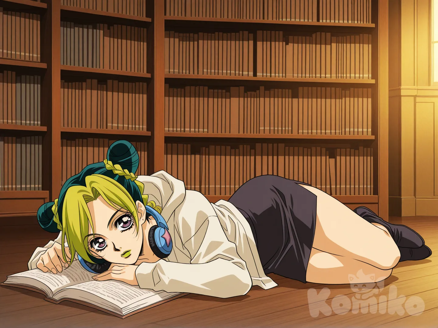 @Kujo_Jolyne, lie on stomache, looking back, pencil skirt, hoodie, headphones, full body, cinematic lighting, library, [retro-anime-style]