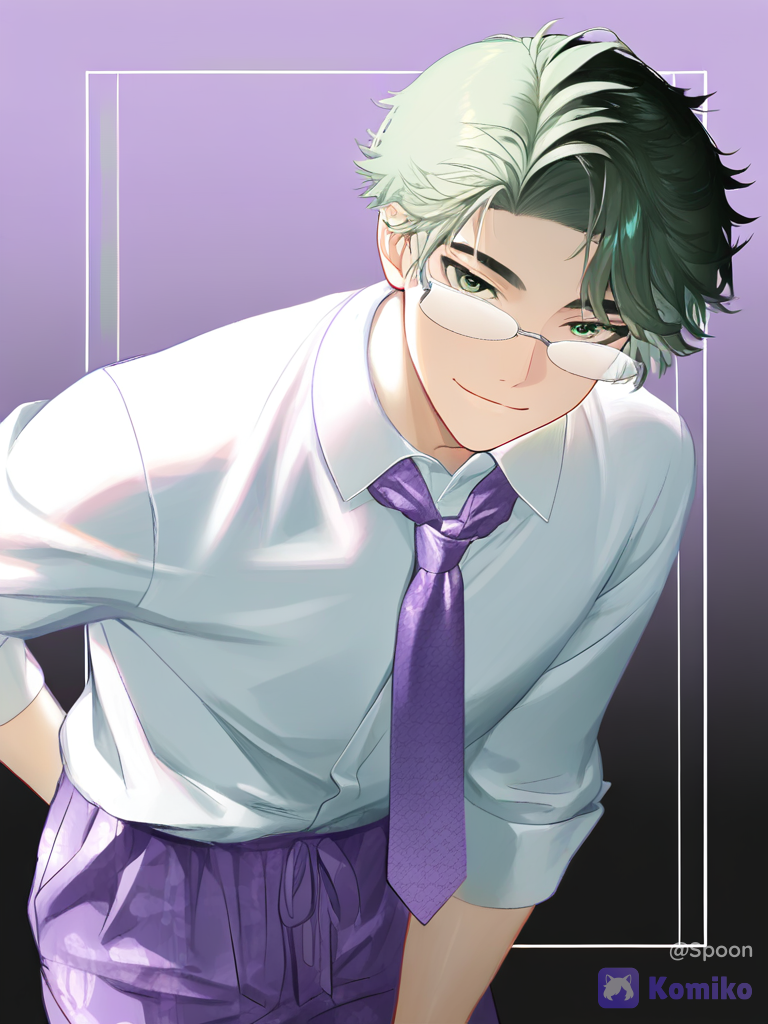 [moody-glow-style], 1boy, short voluminous hair of light olive color, dark green eyes, glasses in a thin white frame on his face, white shirt, purple tie with shades of white in a line, lavender pants, black sneakers, silver rings on his fingers., leaning forward, smile, cowboy shot