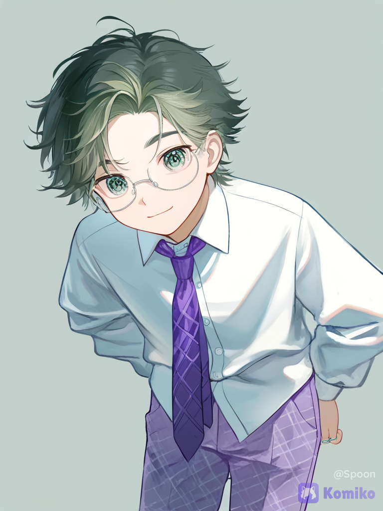[moody-glow-style], a young boy of about 18 years old, short voluminous hair of light olive color, dark green eyes, glasses in a thin white frame on his face, white shirt, purple tie with shades of white in a line, lavender pants, black sneakers, silver rings on his fingers., leaning forward, smile, cowboy shot