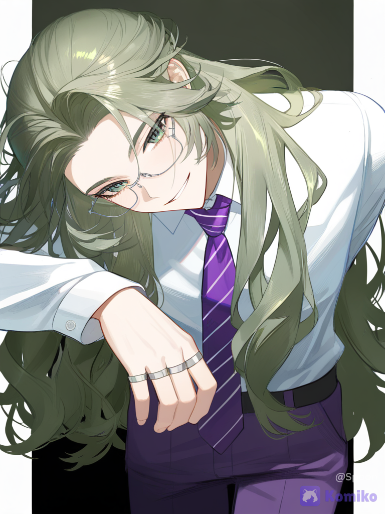 [moody-glow-style], a young boy of about 18 years old, short voluminous hair of light olive color, dark green eyes, glasses in a thin white frame on his face, white shirt, purple tie with shades of white in a line, lavender pants, black sneakers, silver rings on his fingers., leaning forward, smile, cowboy shot