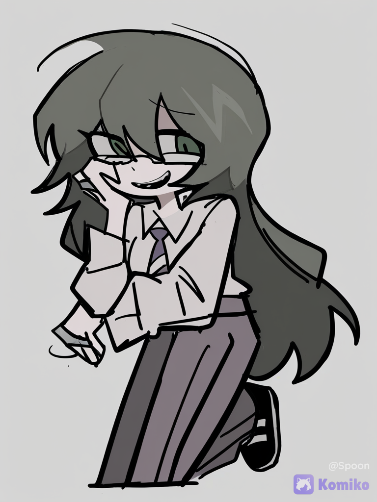 [pop-sketch-style], 1girl short voluminous hair of light olive color, dark green eyes, glasses in a thin white frame on his face, white shirt, purple tie with shades of white in a line, lavender pants, black sneakers, silver rings on his fingers