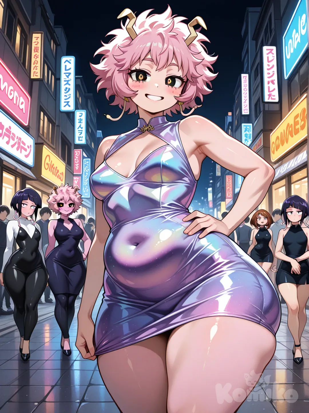 Three young women from My Hero Academia stand side by side in a vibrant, eye-catching urban backdrop pulsing with colorful neon lights that cast glowing reflections on their skin, bustling crowds weaving through the dynamic energy of the night that amplifies their magnetic presence and draws admiring glances from passersby, each clad in very tight, form-fitting dresses of shimmering, iridescent fabric that drapes gracefully while hugging every exaggerated curve of their bodies with a glossy sheen dancing under the lights to highlight their distinct silhouettes and sensual allure; on the left, @Ashido_Mina poses seductively with a confident, teasing smile and one hand on her hip, her curvaceous beauty featuring very large, heaving breasts that rise and fall with her breath, enormous hips, and a very large, round butt that strains tantalizingly against the fabric, complemented by softened arms and plush thighs that add to her voluptuous, irresistible charm as her pink skin glows ethereally, while in the center @Jirou_Kyouka leans playfully to one side with a mischievous grin and her earphone jacks dangling playfully like teasing tendrils, slim and toned with small, perky breasts but huge, flared hips and an incredibly round, bubbly butt that accentuates her unique, balanced athletic curve alongside a slimmer waist and toned stomach for a striking contrast that sways subtly with her movement, and on the right @Uraraka_Ochako invites with soft, alluring warmth through a gentle smile and inviting gaze that sparkles with zero-gravity mischief, her delightfully chubby figure boasting enhanced, voluptuous breasts that spill softly over the dresss neckline, a swollen and fat belly with a plush softness begging to be touched, monumental hips supporting a very large, jiggling butt, and rounded buttocks that sway enticingly to perfect her exaggerated hourglass form, all three sharing playful, flirtatious expressions that draw the viewer deeper into their enchanting, captivating presence amid the citys rhythmic hum.