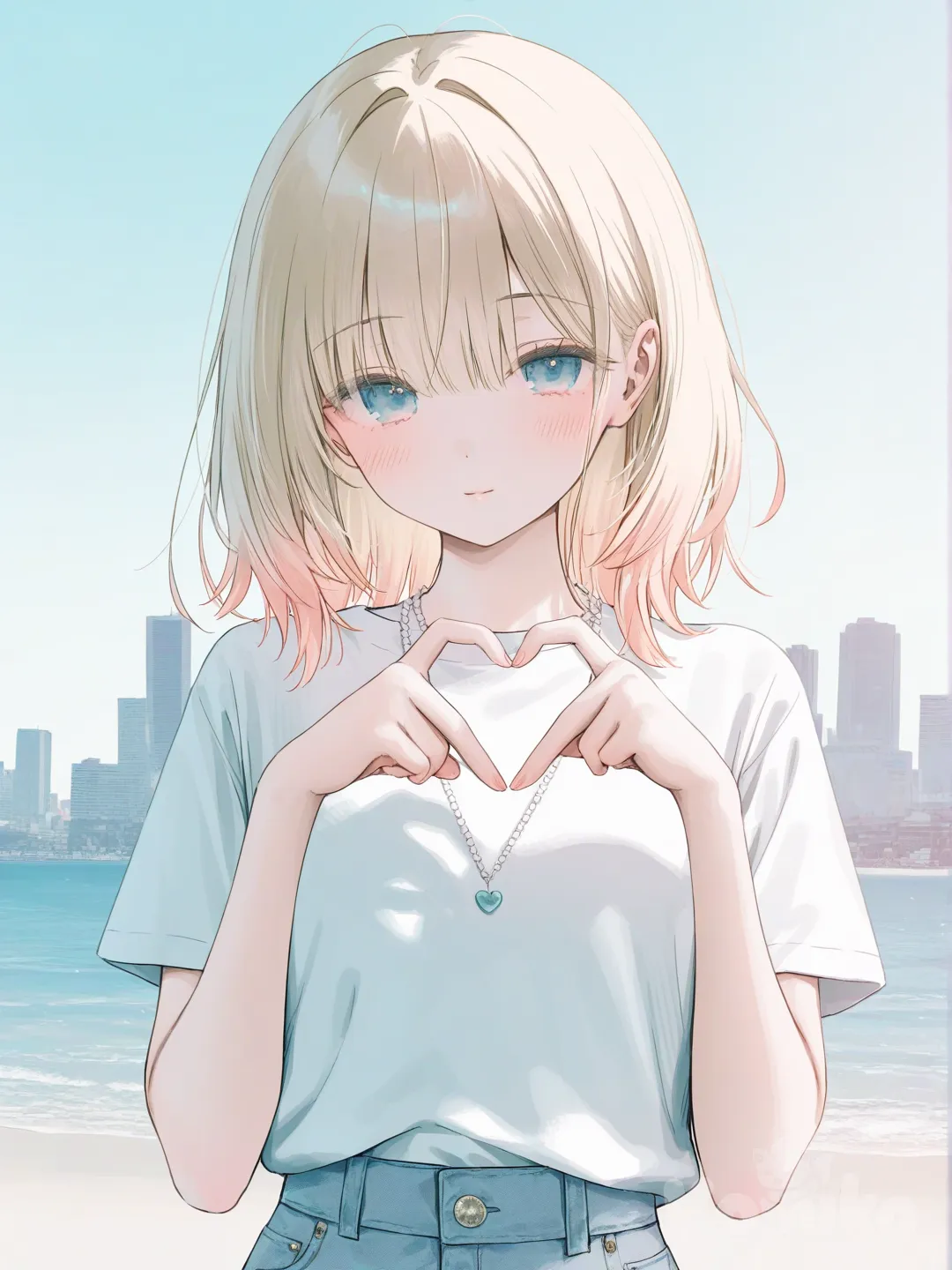 t-shirt, denim skirt, beach shorts, pencil skirt, blonde hair, pearls, heart hands, closeup, [soft-pastel-style], looking at viewer, cityscape