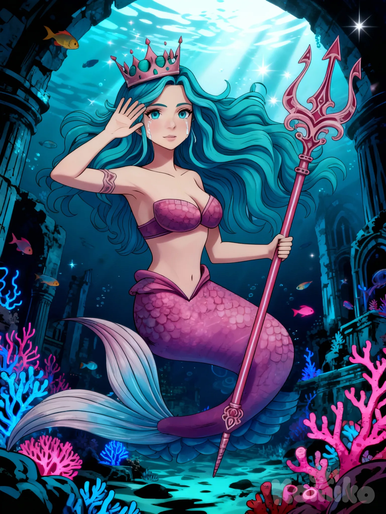 @jiso-YO8O, [action-manga-style], waving, wiping tears, headshot, full body, backlight, sparkle. quiero que el fondo sea debajo del agua en las profundidades puedes poner corales de color azul y rosa estilo neon brilloso en el fondo, tambien pon peces en al fondo. y que la chica que mire al firente estilo manwha pero que sea profundo en un reino en ruinas