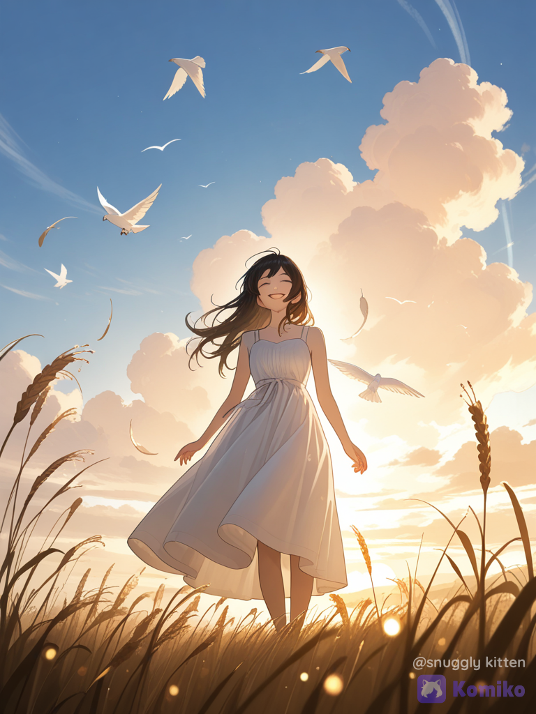 A beautiful dreamy girl standing in a golden field, wearing a flowing white dress, long dark hair flying in the wind, smiling towards the sky with open arms, white birds flying around her, soft sunlight, glowing golden bokeh lights, peaceful atmosphere, blue sky with soft clouds, cinematic view, ultra realistic, fantasy aesthetic, soft focus, warm lighting, magical vibes