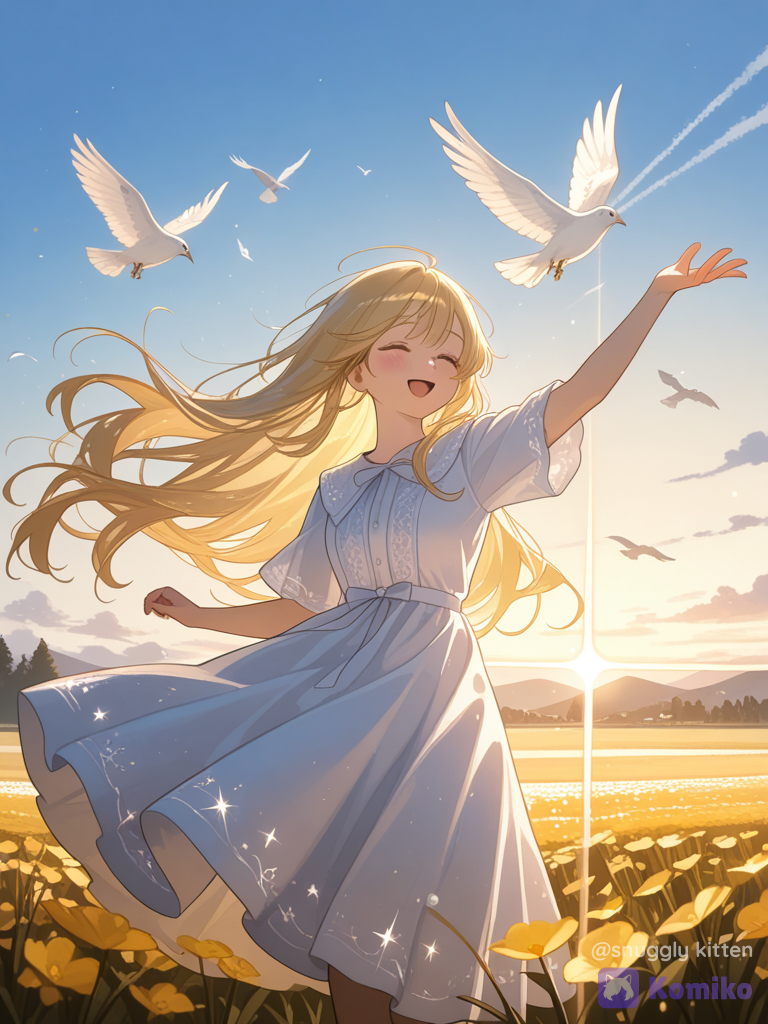 A free-spirited beautiful girl dancing happily in a glowing golden meadow during sunset, wearing a soft flowing white dress, long silky hair moving in the wind, white doves flying around her, dreamy blue sky, warm golden sunlight, magical sparkles, emotional and peaceful vibe, cinematic composition, fantasy aesthetic, soft focus, ultra realistic, angelic atmosphere, 4kgolden hour, aesthetic photography, bokeh lights, ethereal mood