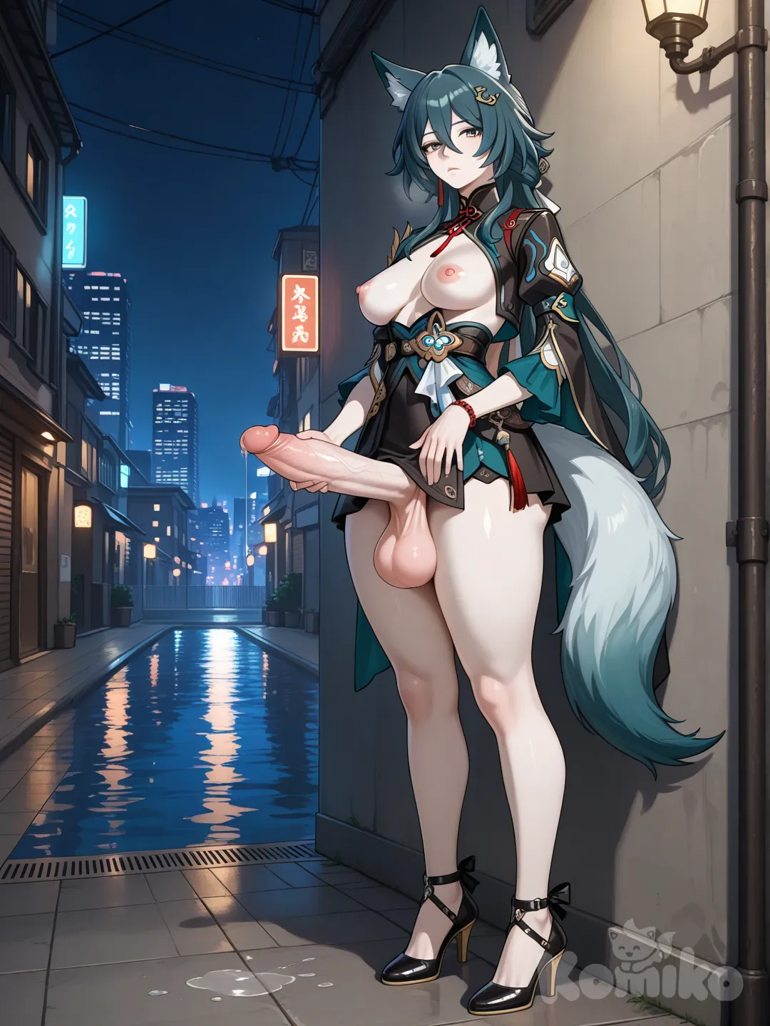 Realistic style image, Futanari, Yukong Honkai Star Rail, fox girl, white skin, huge penis, huge testicles, medium breasts, medium thighs, semi-nude, black mini skirt, small black jacket, high heels, visible breasts, erection, masturbating, standing, dark alley, cock against a wall, at night, city, bored facial expression, pool of pre-semen