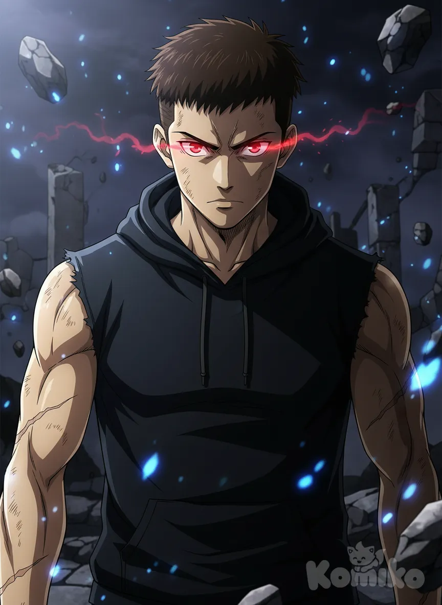 <raiden-kurogane-jbbB>Action: Raiden raises his head slightly, revealing his red eyes glowing in the darkness. He breathes calmly, but the tension in his gaze is noticeable.

Expression: Intense seriousness, his gaze fixed, as if assessing an enemy.

Outfit: Black sleeveless sweatshirt (hood pulled back), showing scarred forearms.

Lens: Close-up (face) to emphasize the eyes.

Lighting: Side light, illuminating half of his face and leaving the other half in shadow.

Setting/Background: Ruins, with stones floating lightly around them due to accumulated energy., anime style