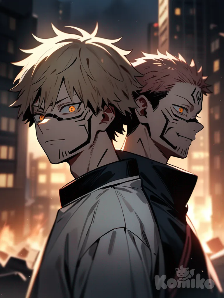 Ryoumen Sukuna (Jujutsu Kaisen), Denji (Chainsaw Man), back to back, evil smile(Sukuna), expressionless(Denji), headshot, night,city ​​in ruins