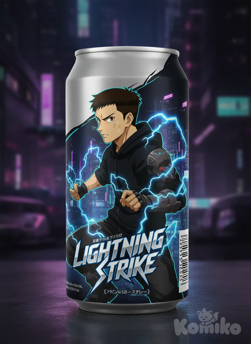 <raiden-kurogane-jbbB>Epic energy drink can design featuring Raiden, futuristic cyberpunk style, glowing lightning effects, metallic colors (silver, black, neon blue), dynamic logo, high-detail illustration, product mockup